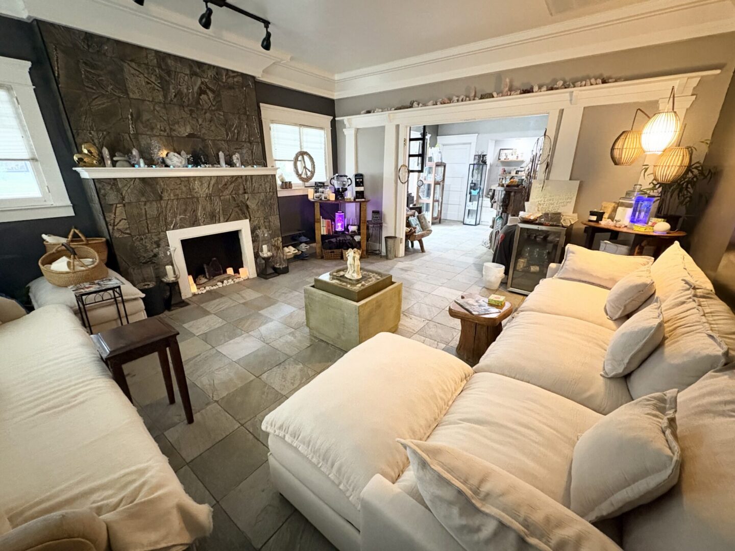 Cozy living room with fireplace and sectional sofa